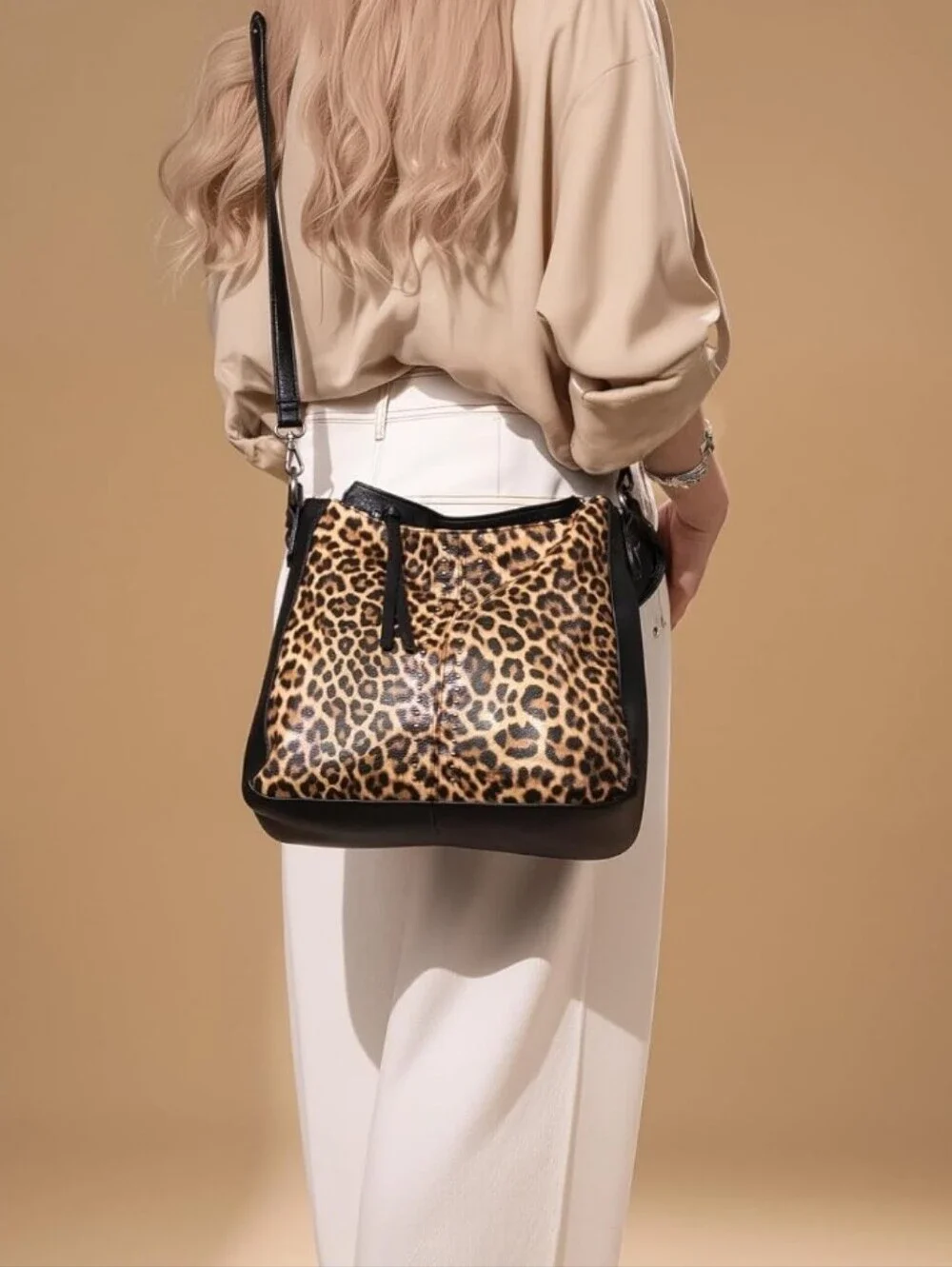Leopard Print Women’s Shoulder Bag with Black Trim